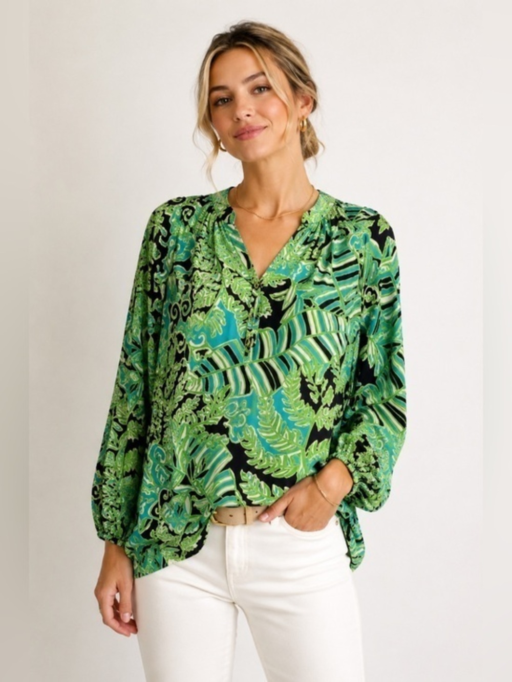 Lilly Pulitzer Elsa Silk Blouse XS Green Paisley Resort Cruise Vacation Preppy